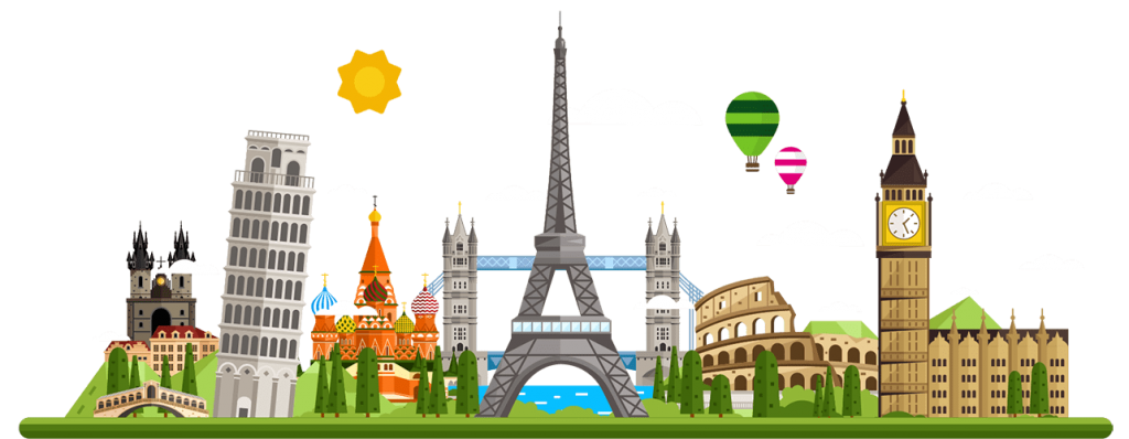 Animated image displaying Europe's various iconic landmarks. Including the Leaning Tower of Pisa, the Eiffel Tower, the Colosseum, and Big Ben.